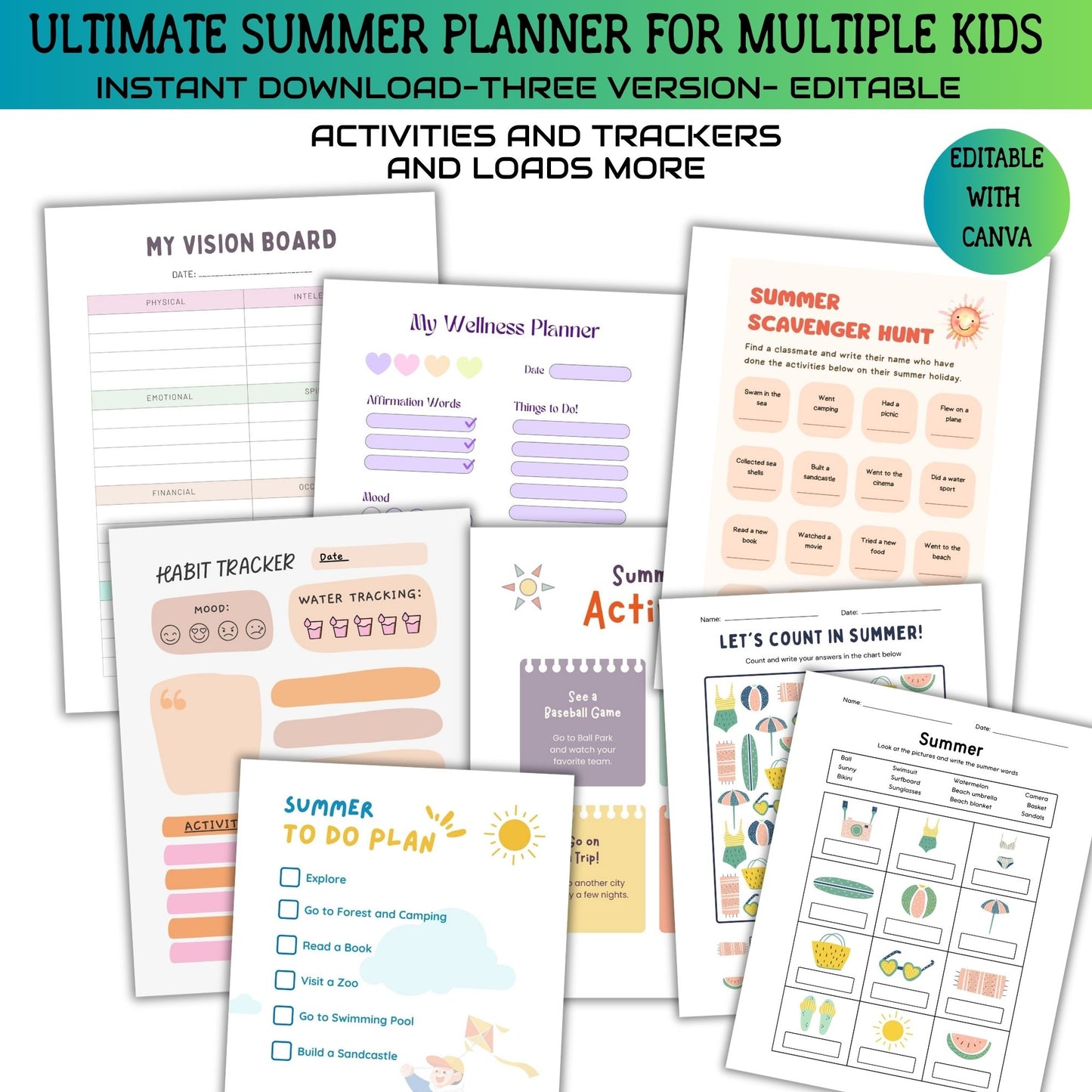 Printable Editable Summer Planner Bundle | Summer Calendar, Checklist & Chore Chart for Multiple Kids
