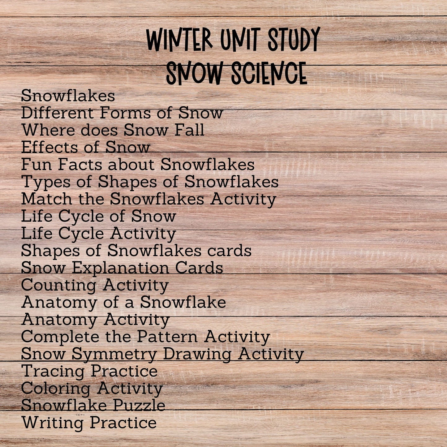 Snow Unit Study Snowflakes Printable Resources Homeschool Learning Bundle Winter Kids Activity Life Cycle of Snow Preschool Curriculum kids