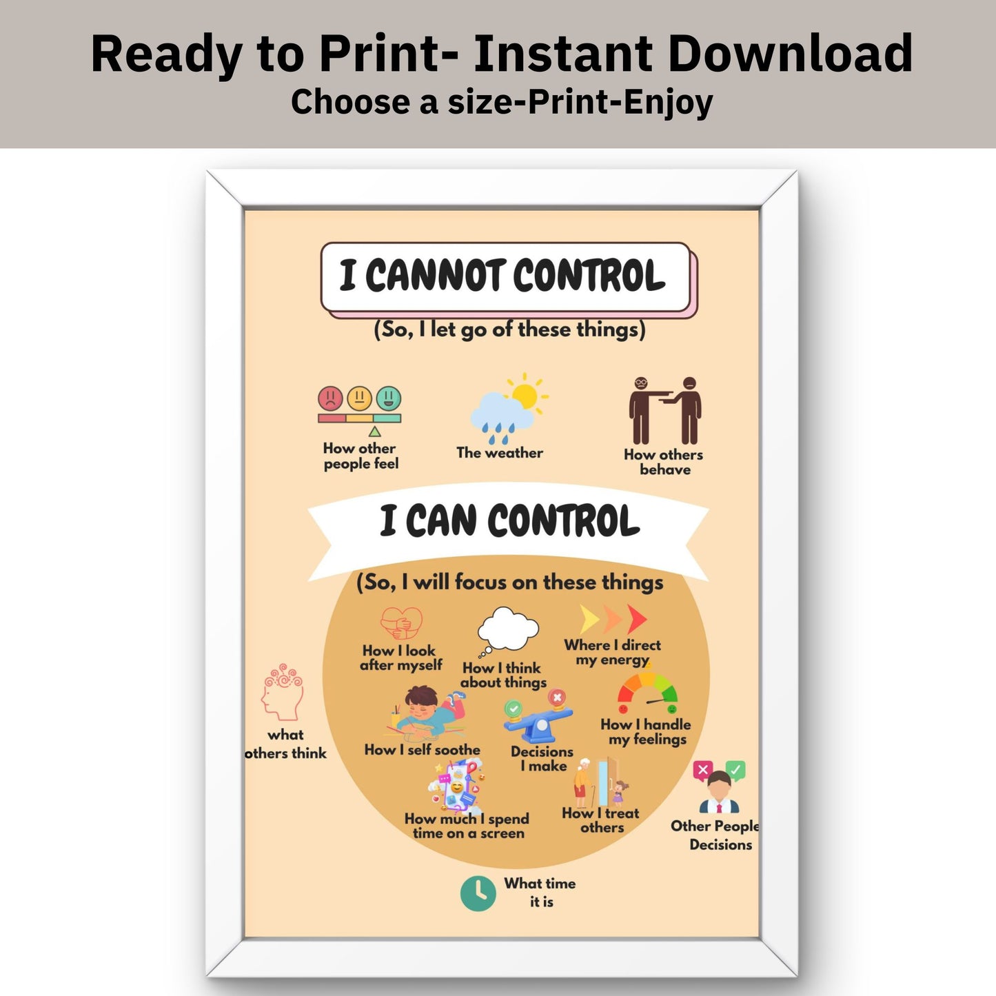 Things I Can & Cannot Control Poster – Therapy Office Wall Art | Mental Health Poster | Calm Down Corner | School Counselor Classroom Decor