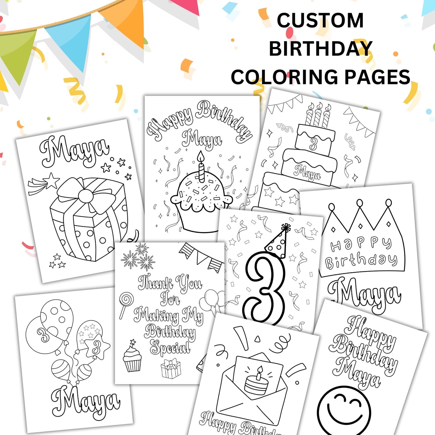 Customizable Birthday Coloring Pages for Kids | Personalized Party Activity Set of 9 | Cute Birthday Coloring Sheets for Kids' Parties