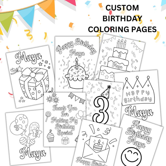 Customizable Birthday Coloring Pages for Kids | Personalized Party Activity Set of 9 | Cute Birthday Coloring Sheets for Kids' Parties