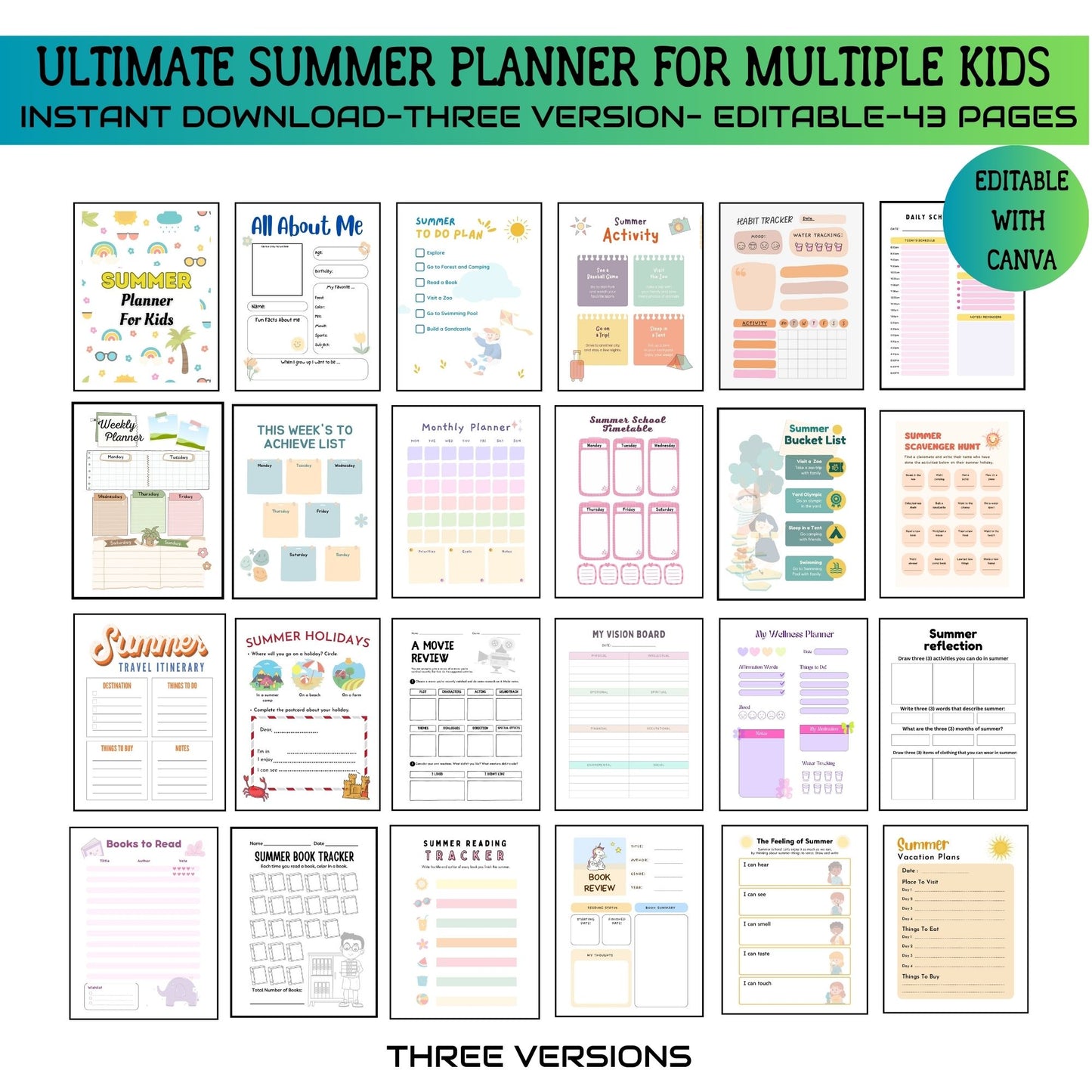 Printable Editable Summer Planner Bundle | Summer Calendar, Checklist & Chore Chart for Multiple Kids