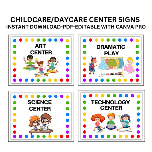 14 Colorful Preschool Signs | Printable Childcare & Daycare Center Signage for Classroom & Montessori  | Childcare signs Editable Template