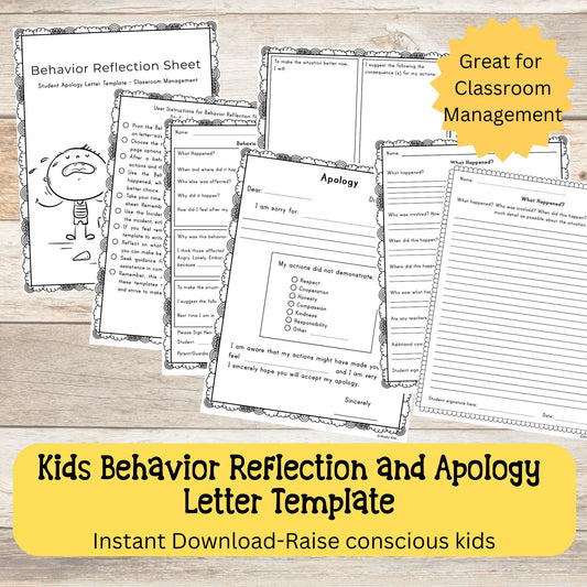 Behavior Reflection & Apology Letter | Kids Accountability Worksheet | Classroom Management Printable