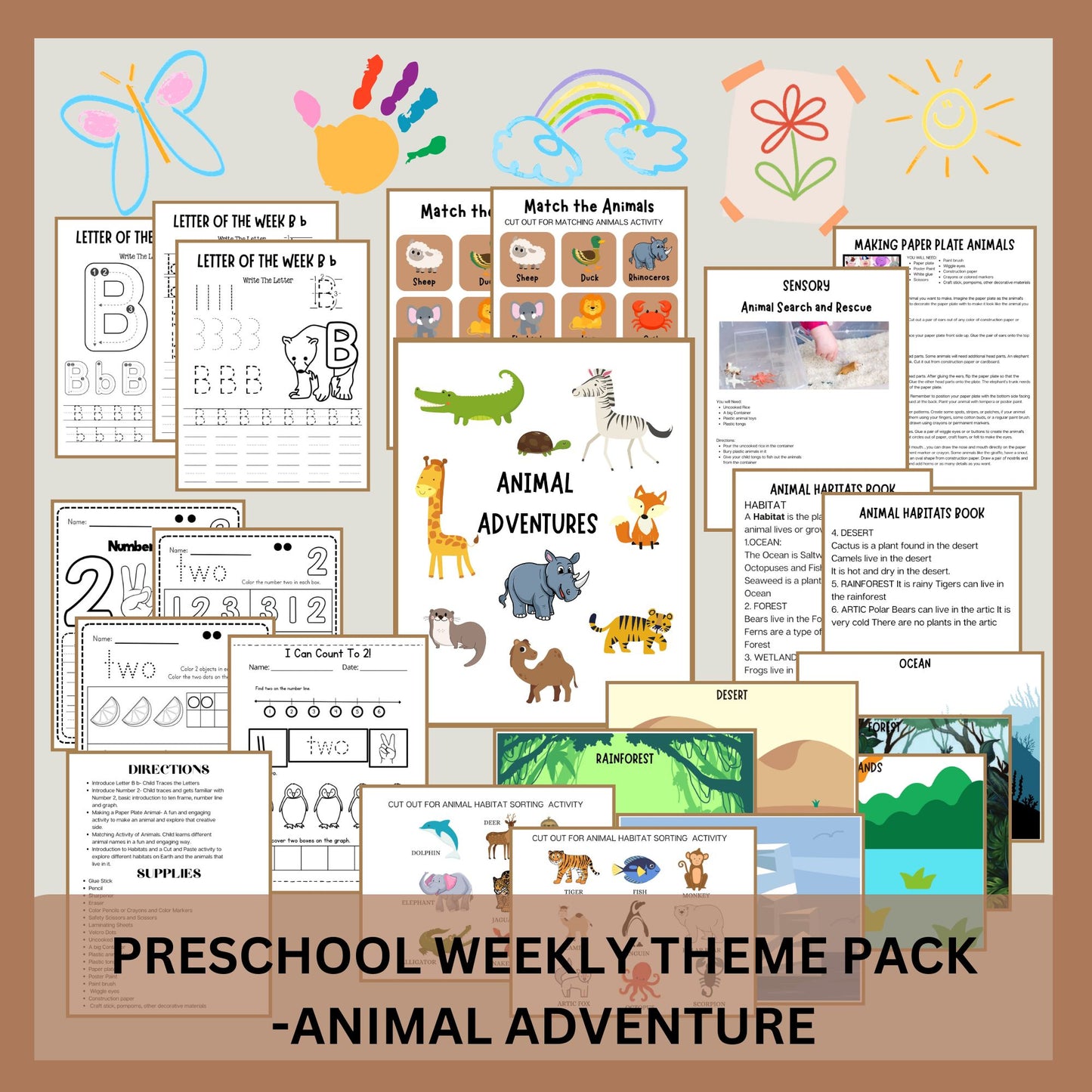 Animal Adventures Theme Preschool Curriculum | Weekly Lesson Plan for Early Learning | Daycare Learning | Homeschool Preschool Worksheets