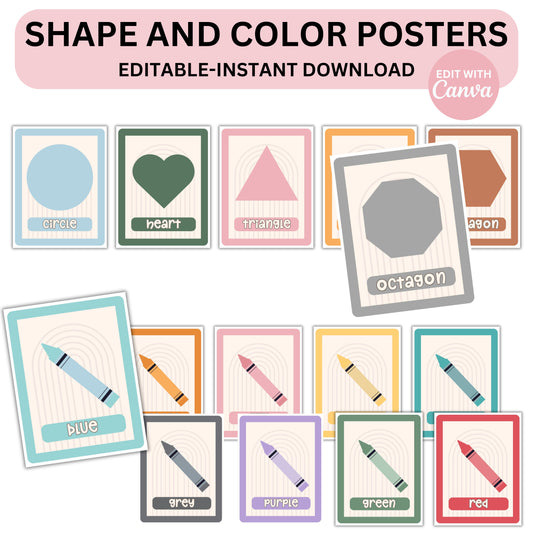Classroom Shapes and Colors Printable Display | Editable Modern Boho Bulletin Board Decor | Canva Teacher Templates + PDFs
