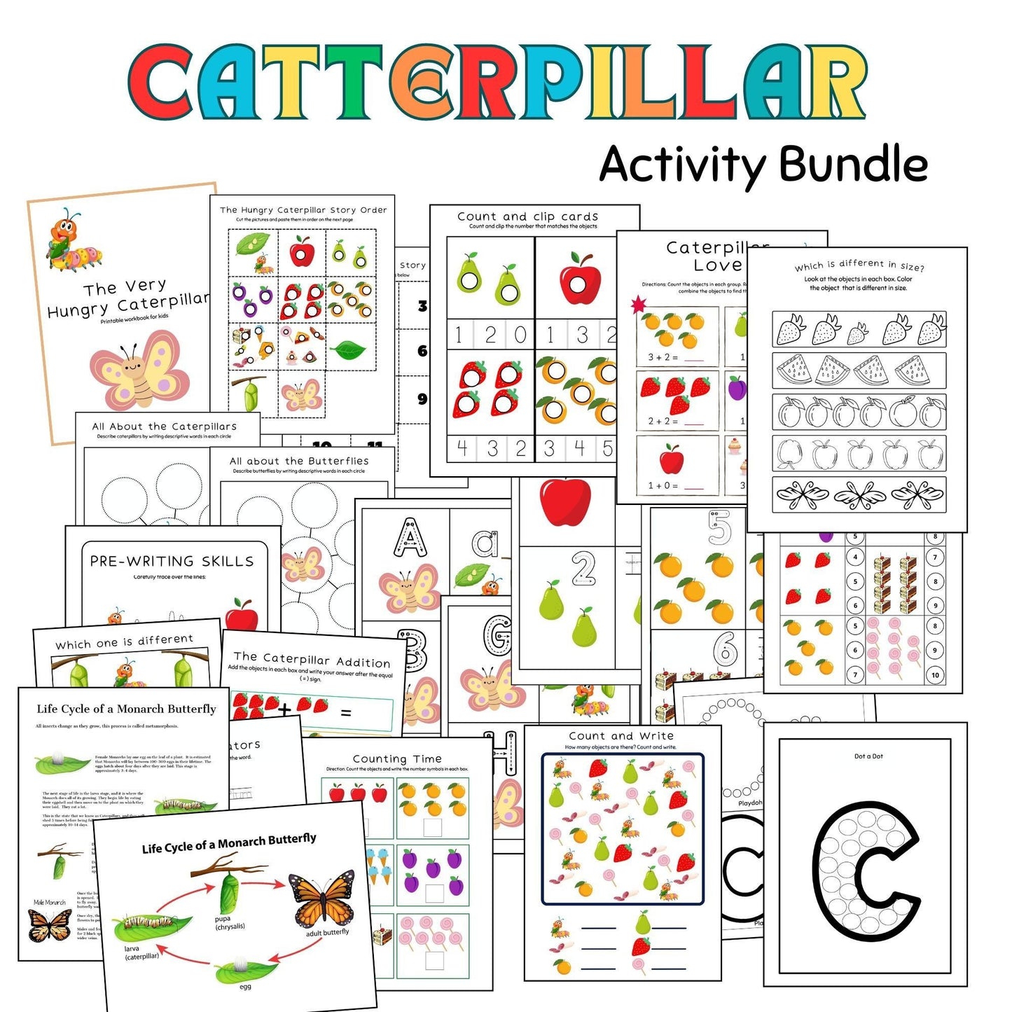 Caterpillar Theme Learning Pack for Preschool & Kindergarten | Printable Literacy & Math Activities | Very Hungry Caterpillar Worksheets