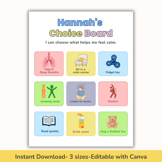 Calm Down Choice Board for Autism & ADHD | Printable Visual Behavior Support Chart Editable Canva Template
