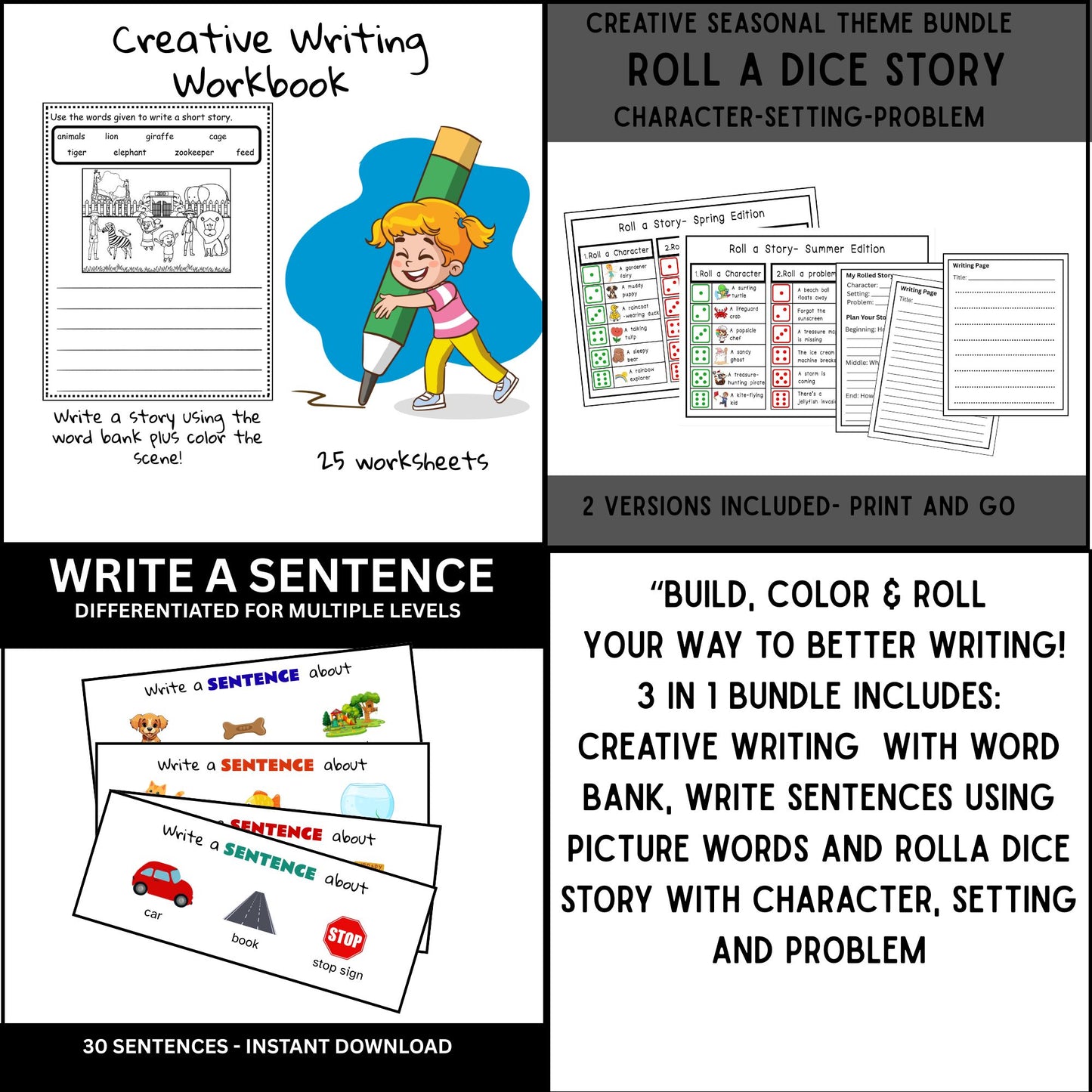 K–4 Writing Prompts Bundle | Sentence Building, Creative Writing, Picture Prompts, Color & Write, and Roll-a-Story Printable Activities