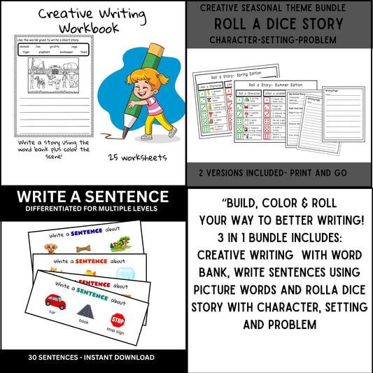 K–4 Writing Prompts Bundle | Sentence Building, Creative Writing, Picture Prompts, Color & Write, and Roll-a-Story Printable Activities