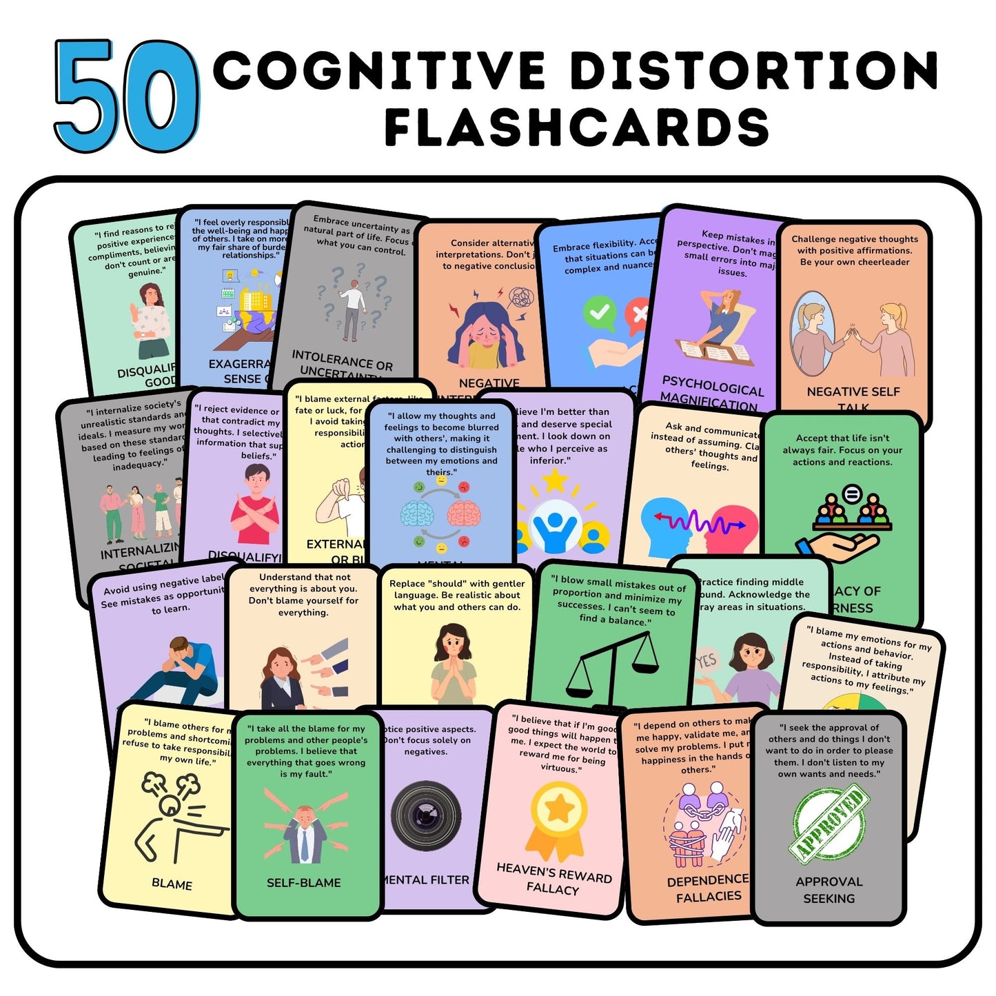 Cognitive Distortion Cards – CBT Therapy Cards for Cognitive Behavioral Therapy, Cognitive Biases, Mental Health Worksheets, Therapy Tools
