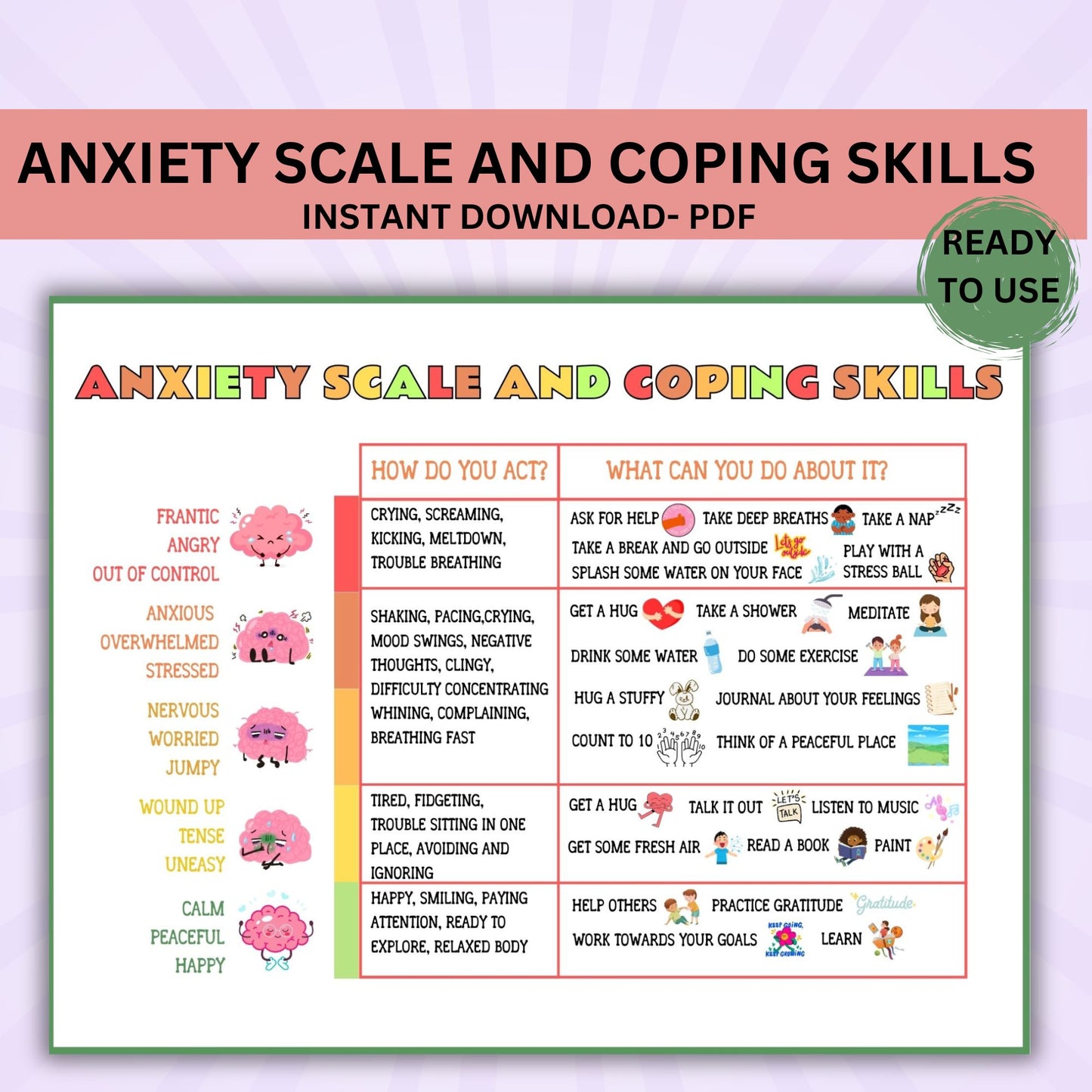 Anxiety Coping Skills for Kids and Teens - Stress Relief Printable, Grounding Techniques, Anxious Feelings Scale, Therapy & Mental Health Activities for Children