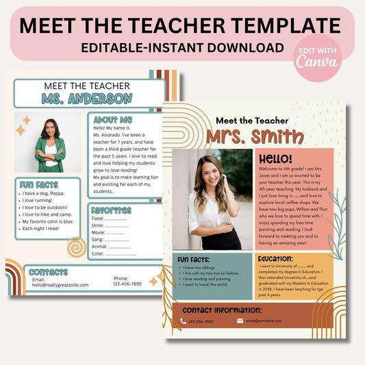 Meet the Teacher Printable Template | Teacher Introduction Boho Classroom Design | Canva Editable Instant Download