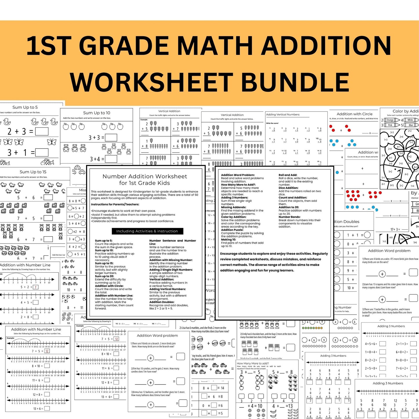 1st Grade Math Worksheets - Addition Practice | Kindergarten & Grade 1 Math Printable PDF | Instant Download
