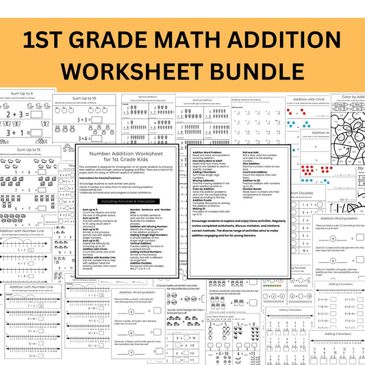 1st Grade Math Worksheets - Addition Practice | Kindergarten & Grade 1 Math Printable PDF | Instant Download