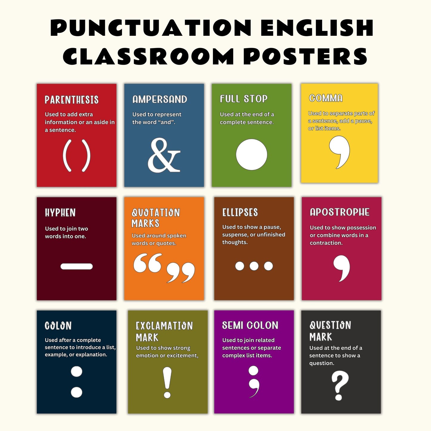 Punctuation Posters Set of 12 | English Classroom Decor | Grammar Posters Bundle | Educational Wall Art