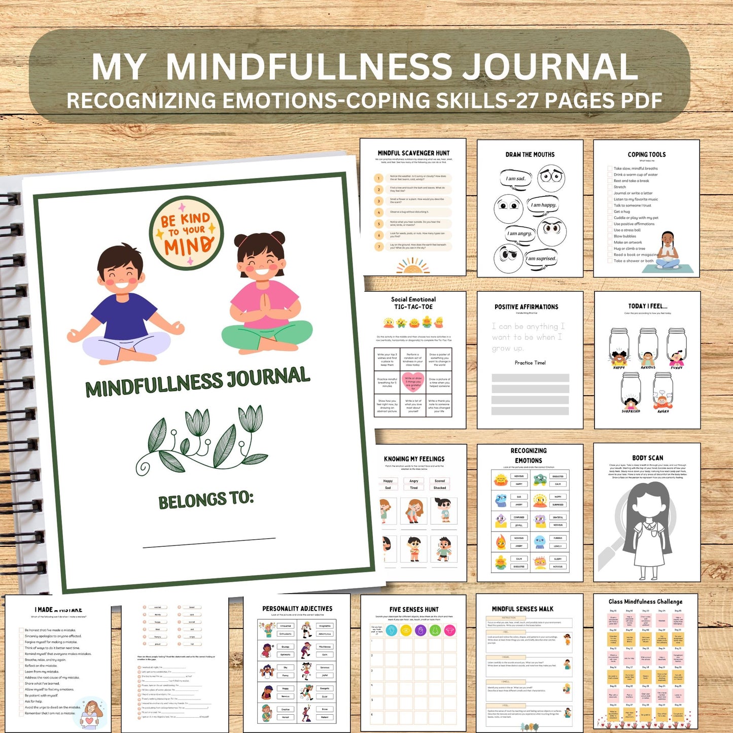 Printable Kids Mindfulness Journal | Mental Health & Gratitude Workbook for Emotions, Self-Esteem and Coping Skills
