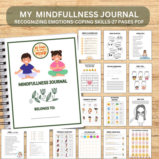 Printable Kids Mindfulness Journal | Mental Health & Gratitude Workbook for Emotions, Self-Esteem and Coping Skills