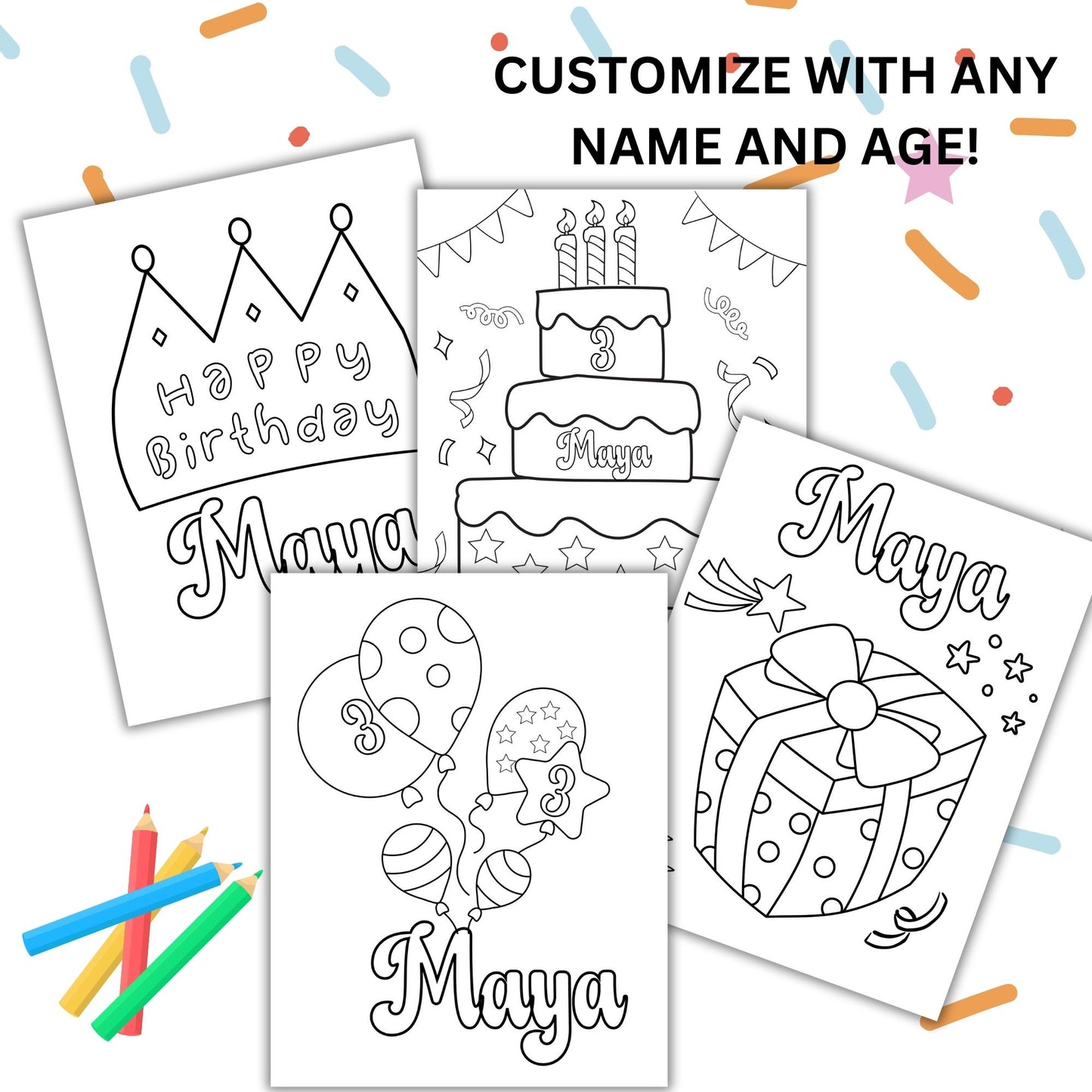 Customizable Birthday Coloring Pages for Kids | Personalized Party Activity Set of 9 | Cute Birthday Coloring Sheets for Kids' Parties