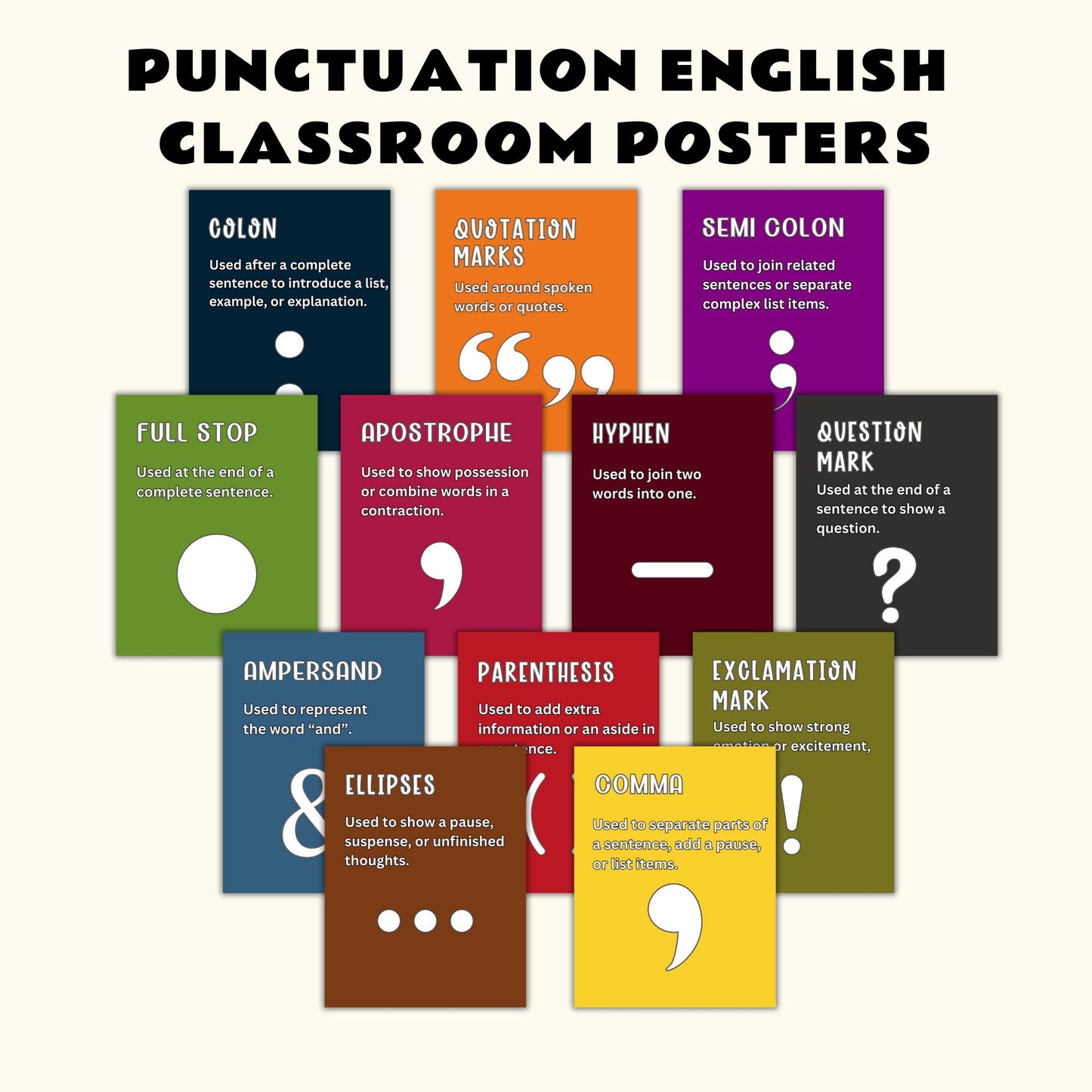 Punctuation Posters Set of 12 | English Classroom Decor | Grammar Posters Bundle | Educational Wall Art