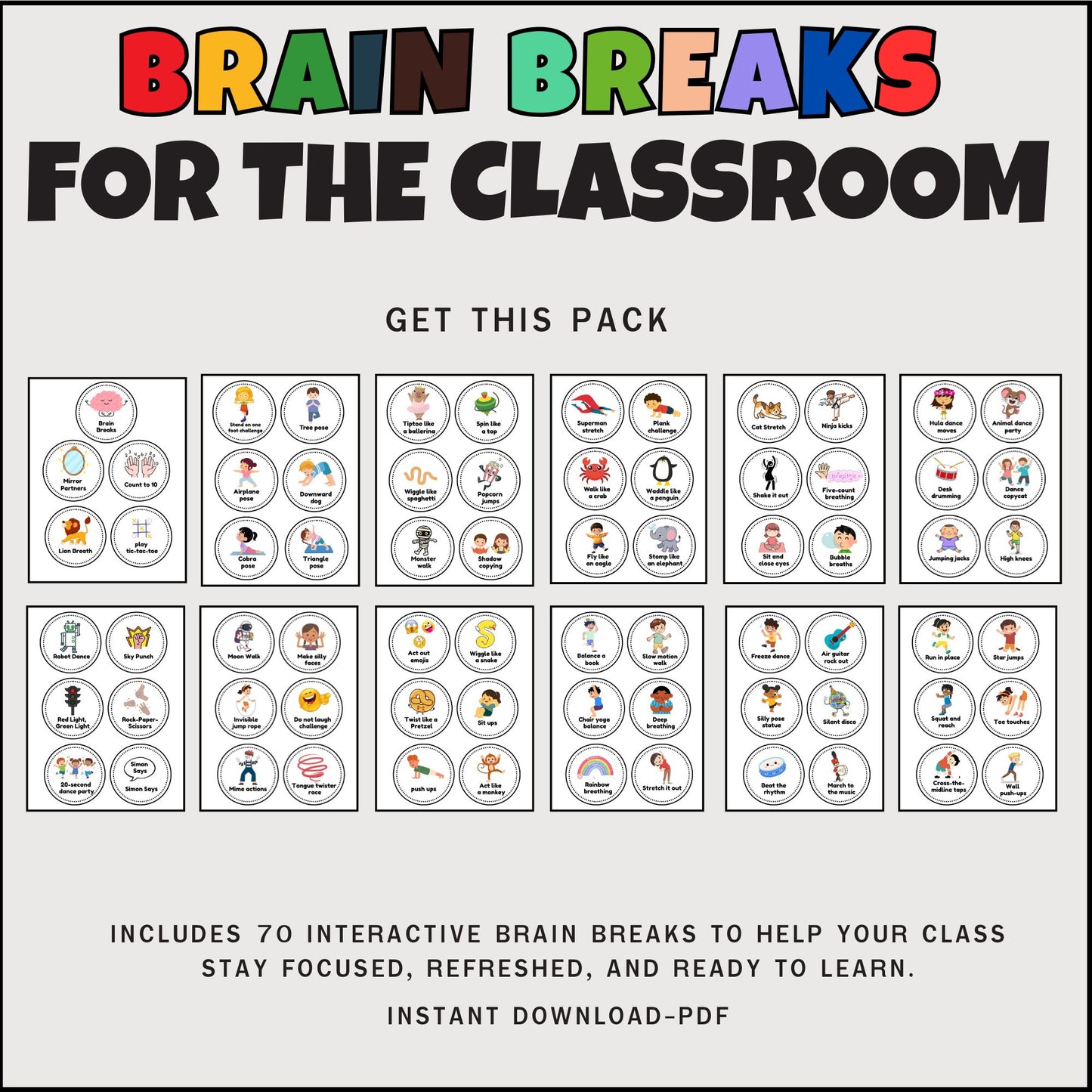 70 Brain Break Cards for Kids | Printable Classroom Movement, Focus, Calm, and Activity Breaks for Teachers and Homeschool