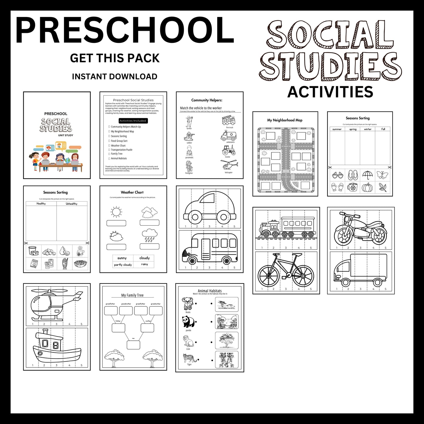 Preschool Social Studies Busy Book Printable Interactive Learning Binder for Homeschool Kids Map Skills and Social Studies Unit