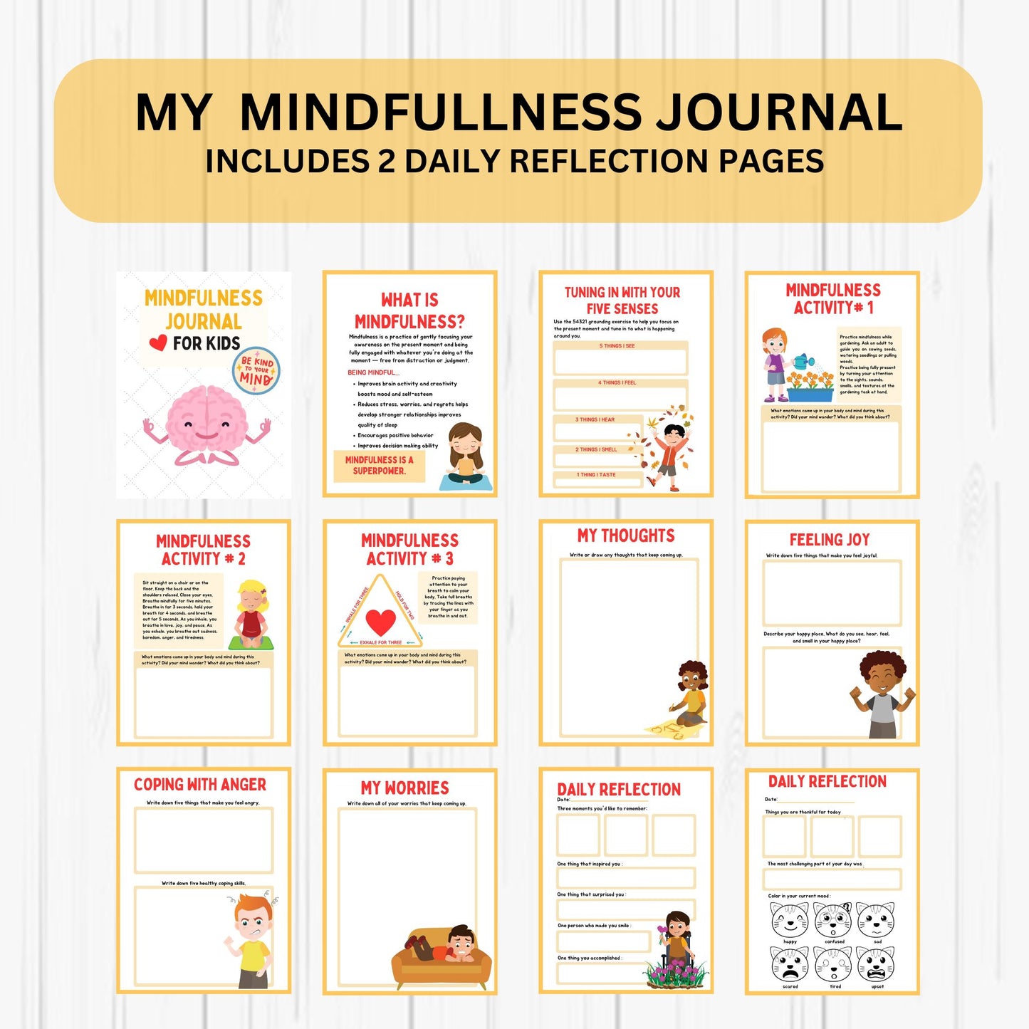 Kids Mindfulness Journal Pages Mental Health Mindfulness Workbook Self Esteem and Gratitude Positive Thinking Printable
