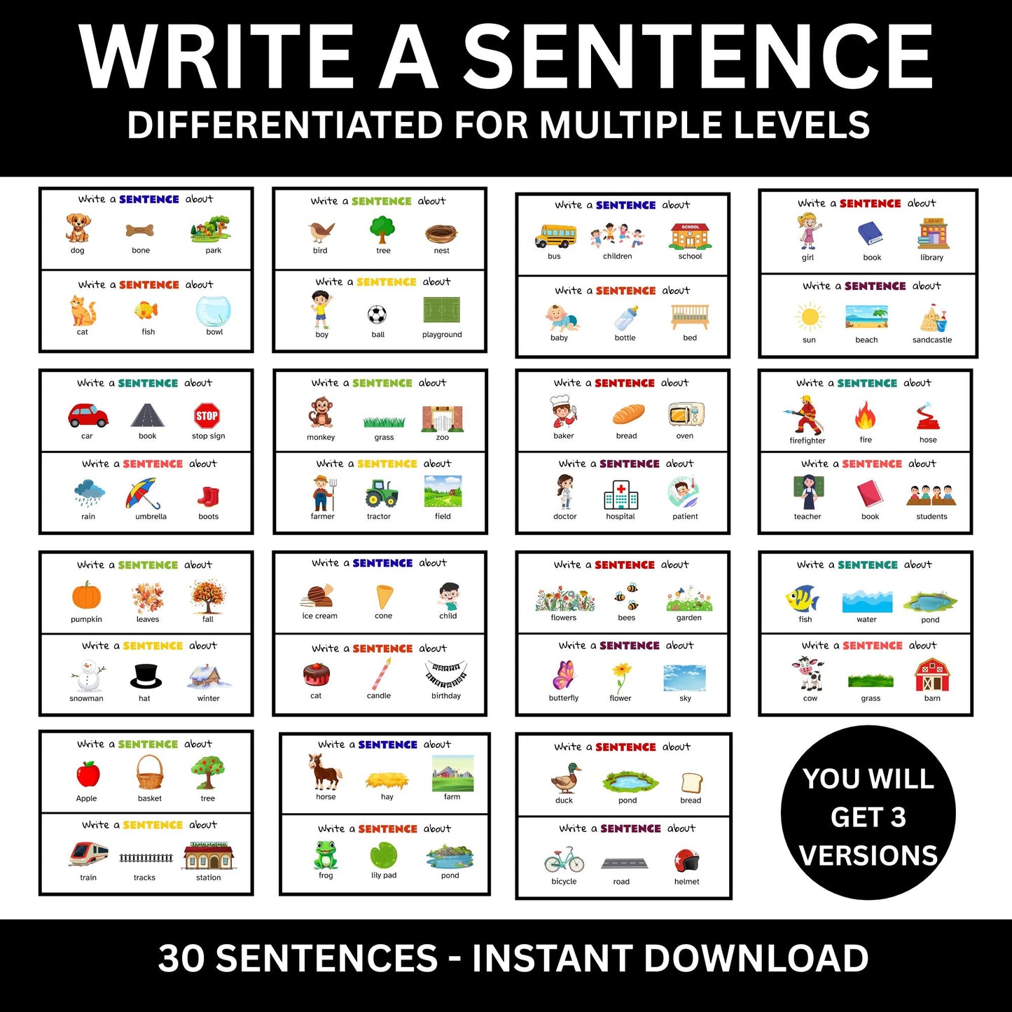K–4 Writing Prompts Bundle | Sentence Building, Creative Writing, Picture Prompts, Color & Write, and Roll-a-Story Printable Activities