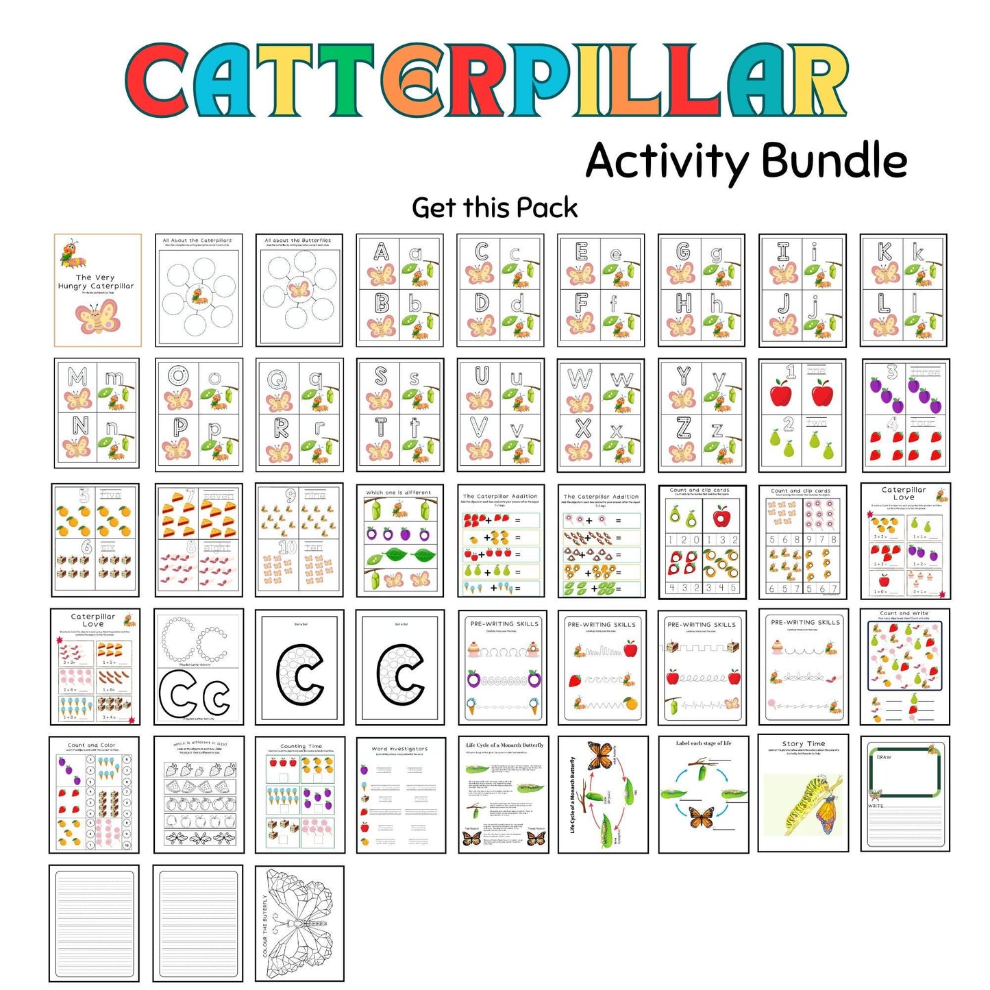 Caterpillar Theme Learning Pack for Preschool & Kindergarten | Printable Literacy & Math Activities | Very Hungry Caterpillar Worksheets