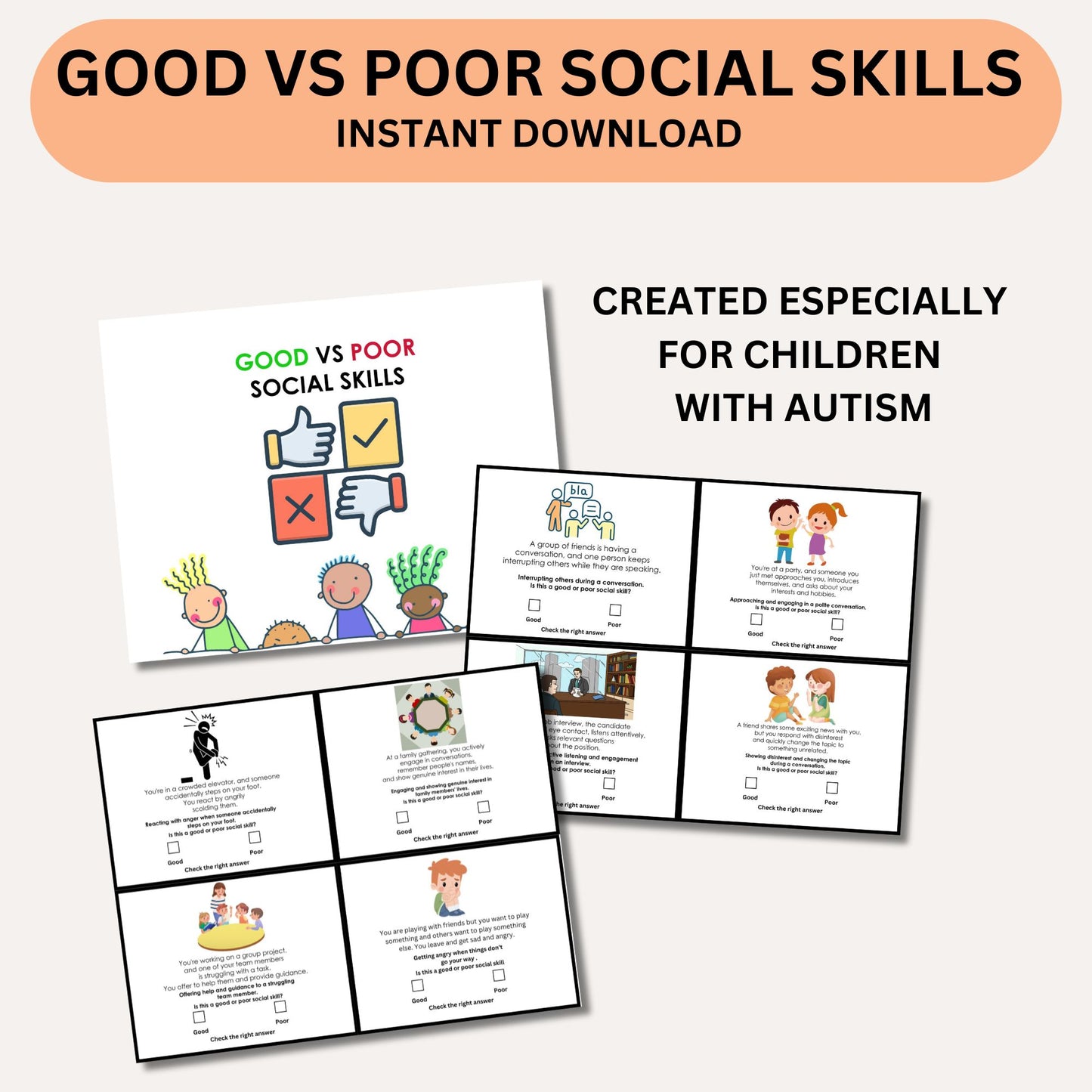Good vs. Poor Social Skills Worksheets | Autism & Special Education Resource | Social Emotional Learning for Kids | PDF for Occupational Therapy & Early Intervention