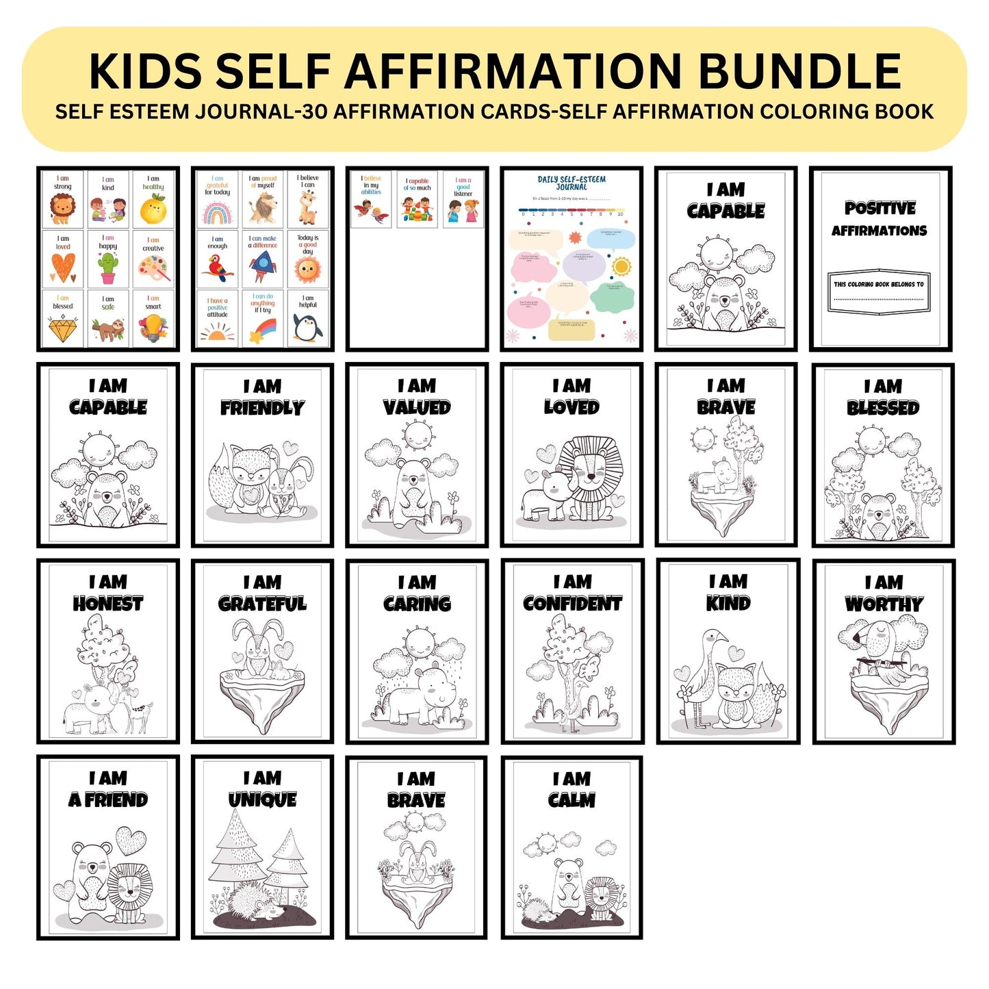 Self worth journal and cards bundle self esteem confidence kids self affirmation self identity mental health CBT affirmation coloring kids