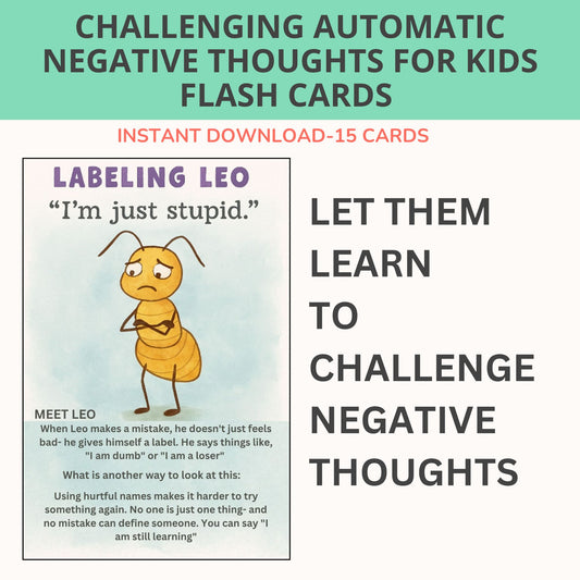 CBT flashcards for kids showing negative thoughts with positive reframing examples
