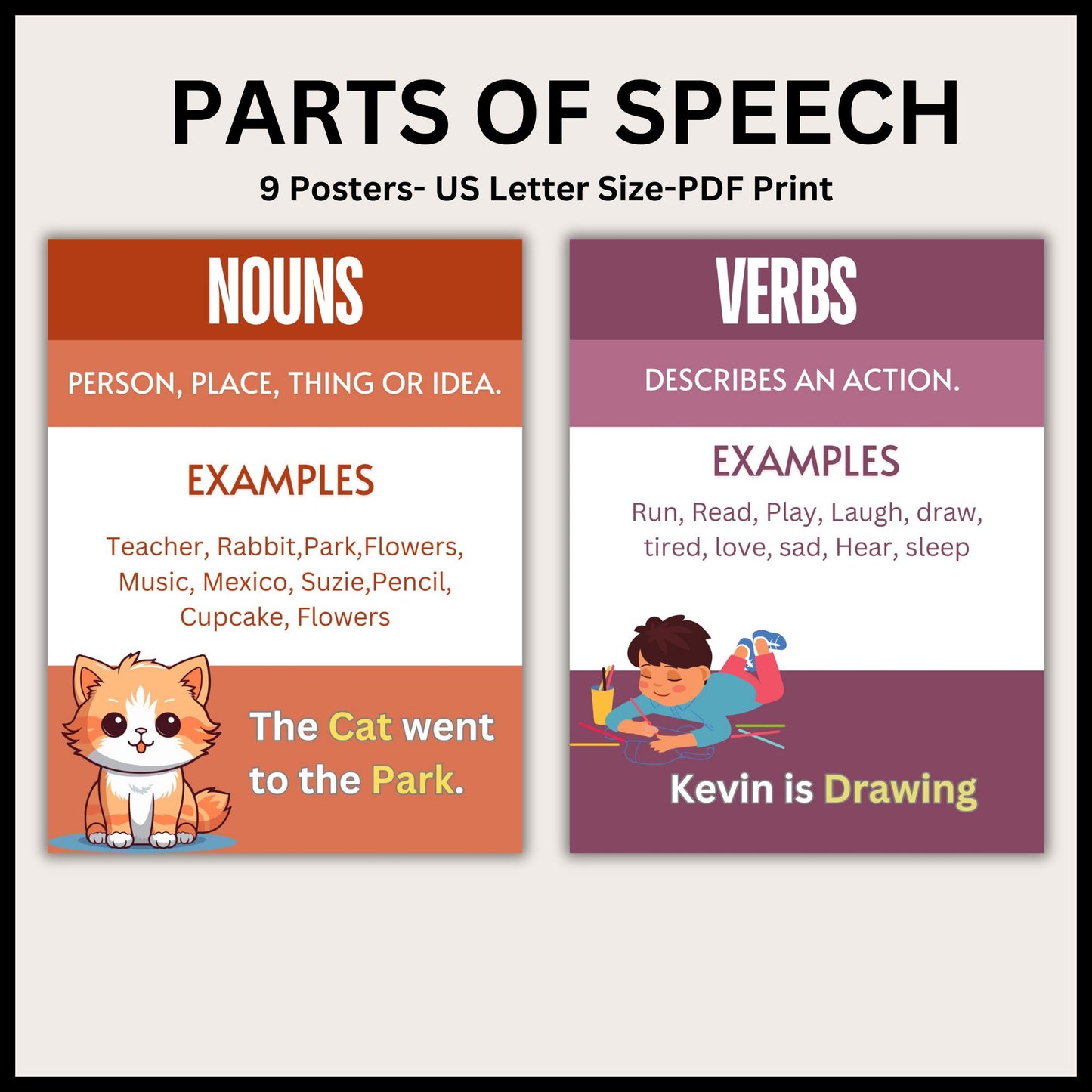 English Posters Bundle Parts of Speech Posters Bulletin Board Bright Retro Color Posters Bundle English Classroom Posters Classroom Decor