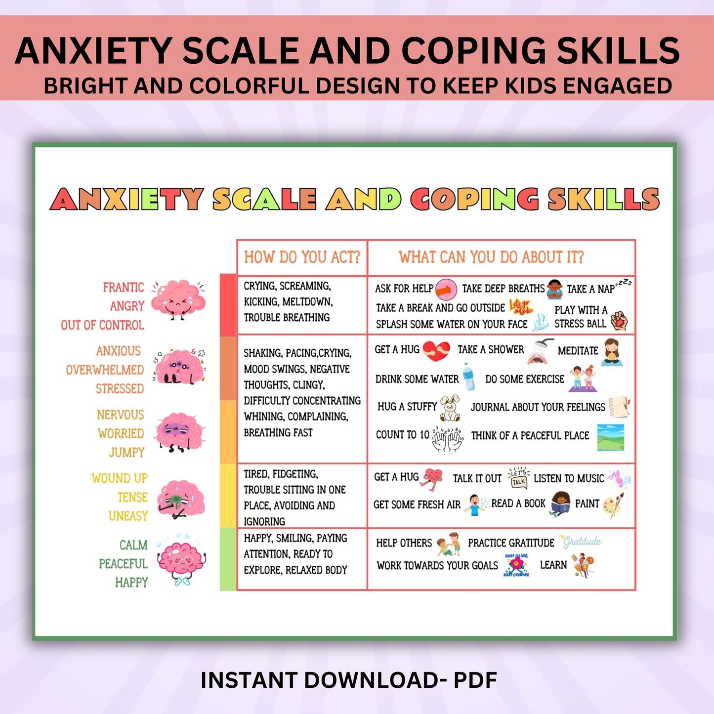 Anxiety Coping Skills for Kids and Teens - Stress Relief Printable, Grounding Techniques, Anxious Feelings Scale, Therapy & Mental Health Activities for Children