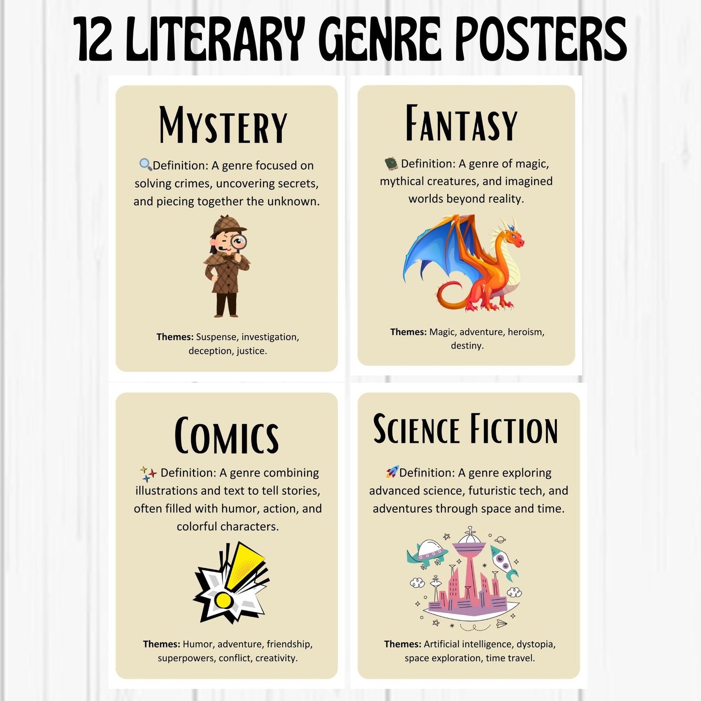 Literary Genres Poster Bundle for Classroom and Library | 12 Genre Posters with Definitions and Themes