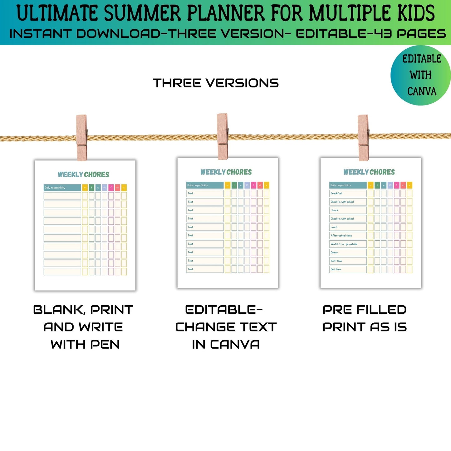 Printable Editable Summer Planner Bundle | Summer Calendar, Checklist & Chore Chart for Multiple Kids