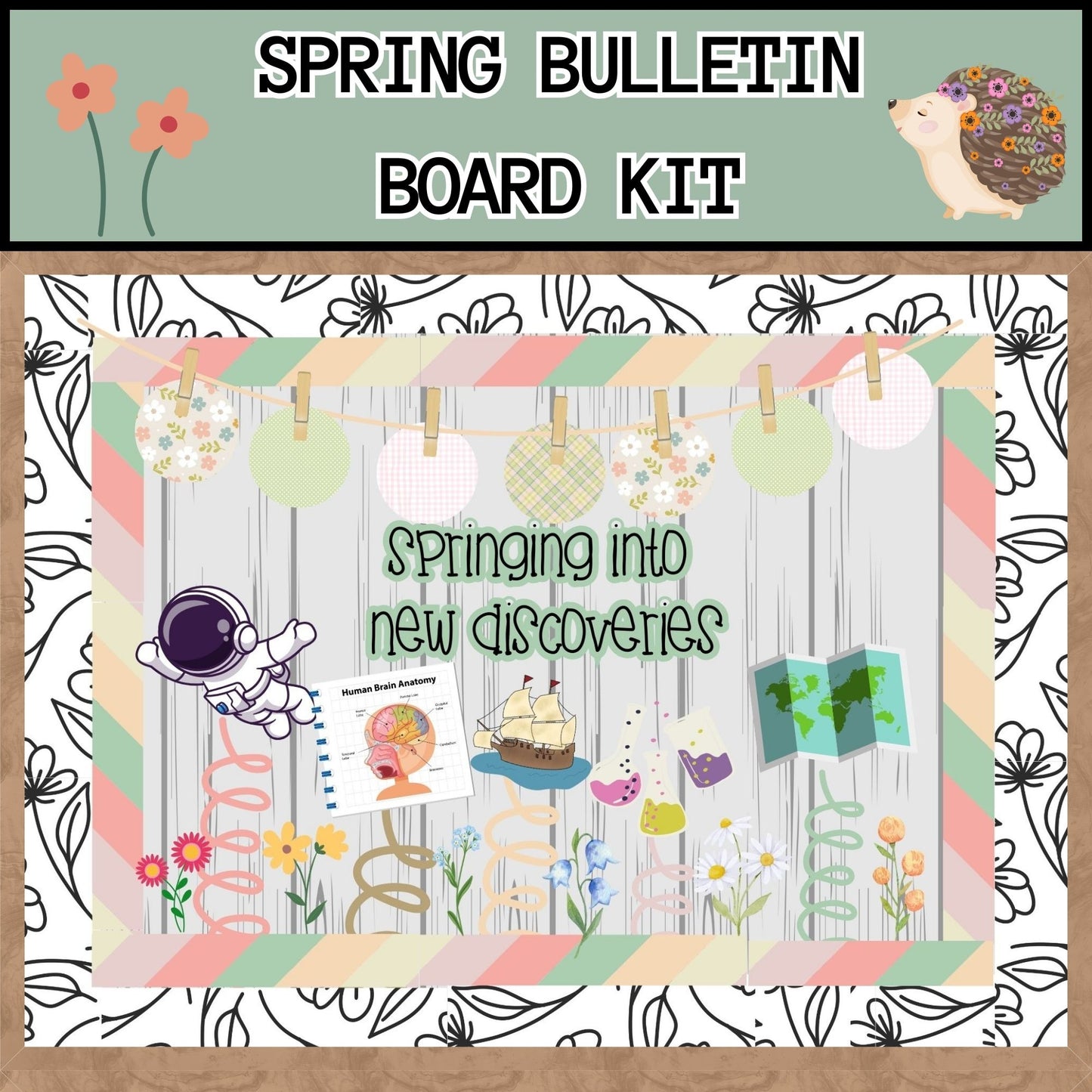Spring Bulletin Board Kit | Springing into Discoveries | Borders, Bunting & Flowers Classroom & Door Decor for Spring Learning