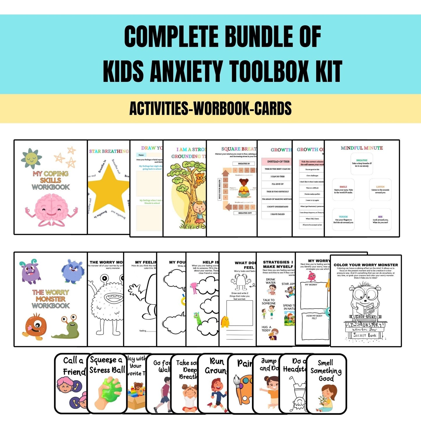 Kids Anxiety Toolkit Bundle – Printable CBT Worksheets & Coping Skills Activities Bundle Calm Down Strategies Anxiety Therapy Techniques Grounding Strategies Anxiety Worksheets Feelings Journal