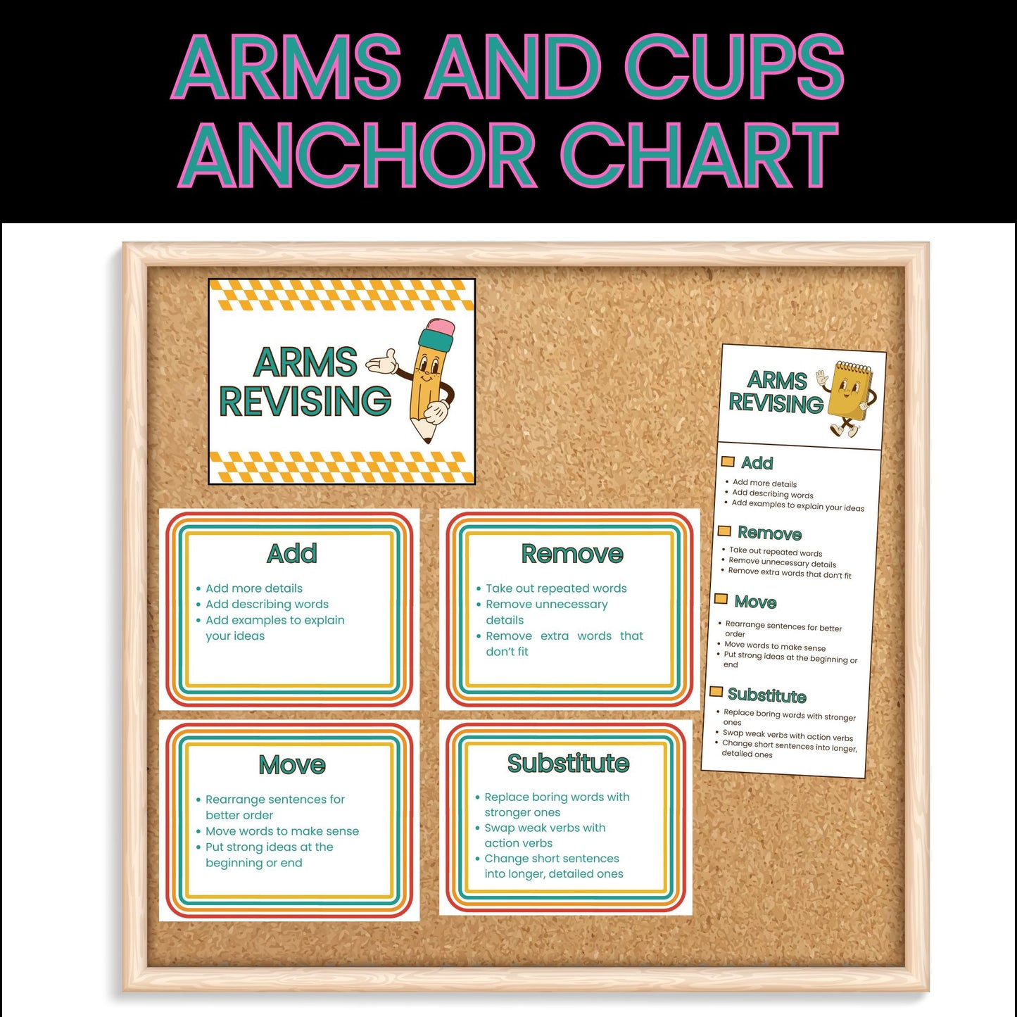 CUPS and ARMS Editing & Revising Posters and Bookmarks | Writing Process Printables for Kids | CUPS and ARMS Anchor Chart