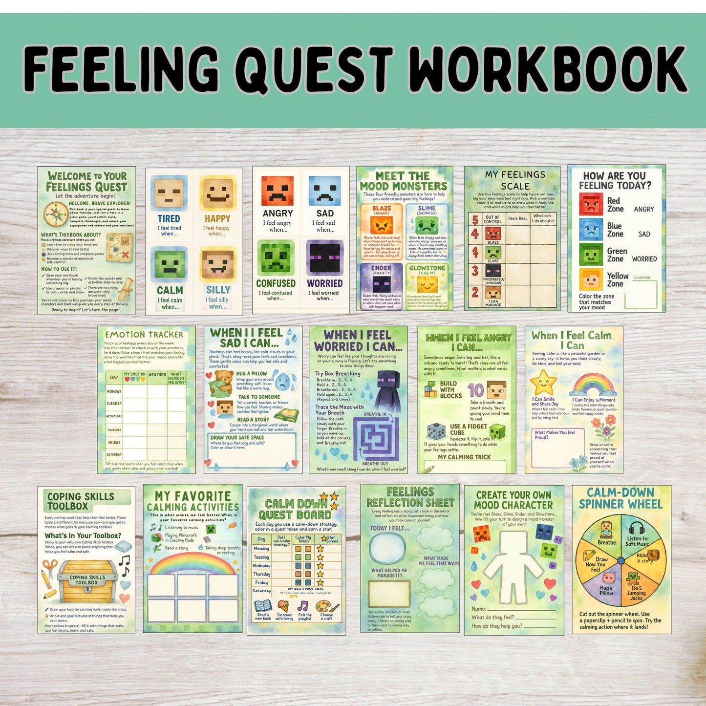 Feeling Quest SEL Workbook for Kids | Emotional Regulation, Mood Monsters, Feelings Chart, Coping Skills, Calm Down Activities & Social Emotional Learning Printables