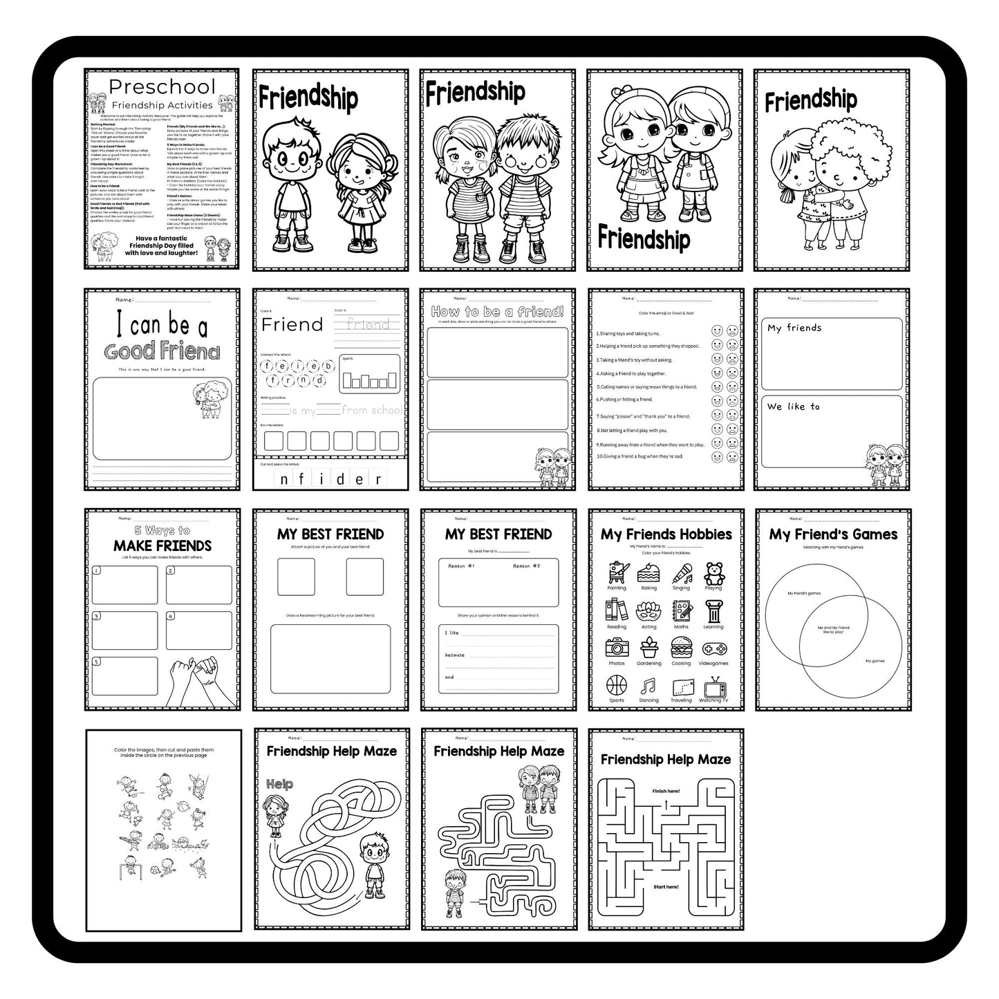 Friendship Skills Workbook & Social Skills Activities Bundle | Preschool, Kindergarten, Homeschool | Friendship Day Coloring & Writing Pages