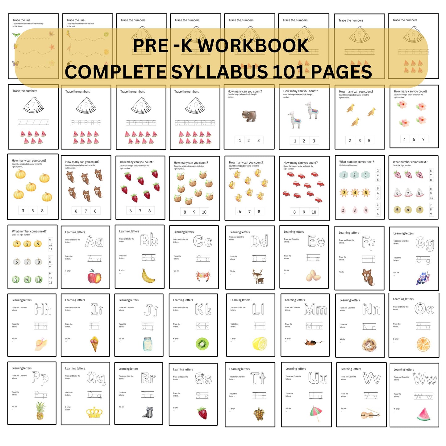 Preschool Pre-K + Kindergarten Learning Bundle Printable Activity Worksheets Coloring Tracing Alphabet Numbers Shapes complete curriculum