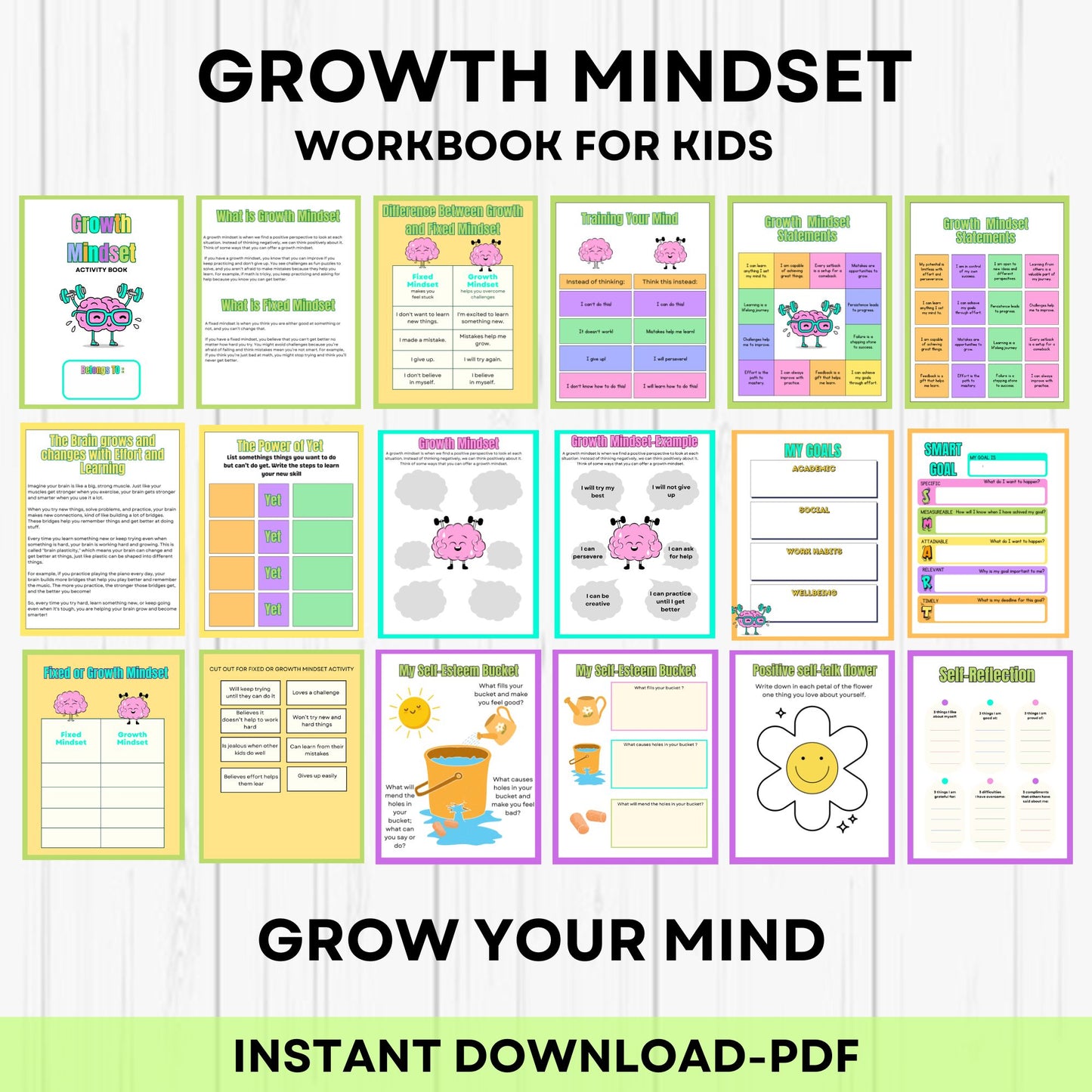 Grow Your Mind Worksheets for Kids – Social Emotional Learning Activities, Therapy Resources, Self-Love & Positive Thinking Challenge
