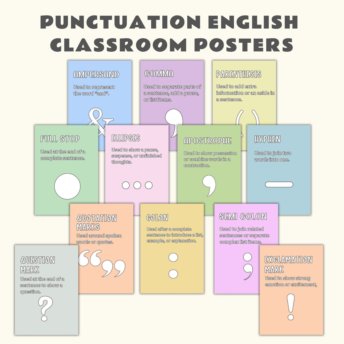 Punctuation Posters Set of 12 | English Classroom Decor | Grammar Posters Bundle | Educational Wall Art