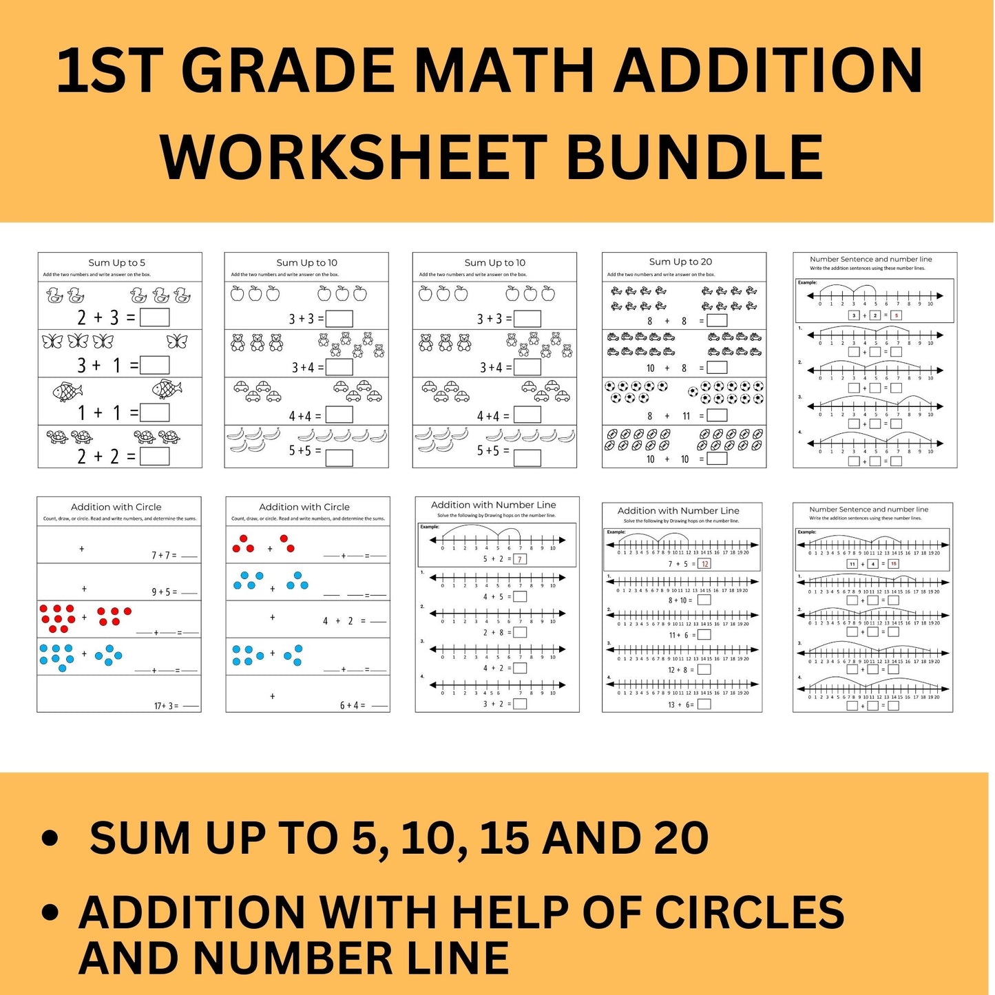 1st Grade Math Worksheets - Addition Practice | Kindergarten & Grade 1 Math Printable PDF | Instant Download