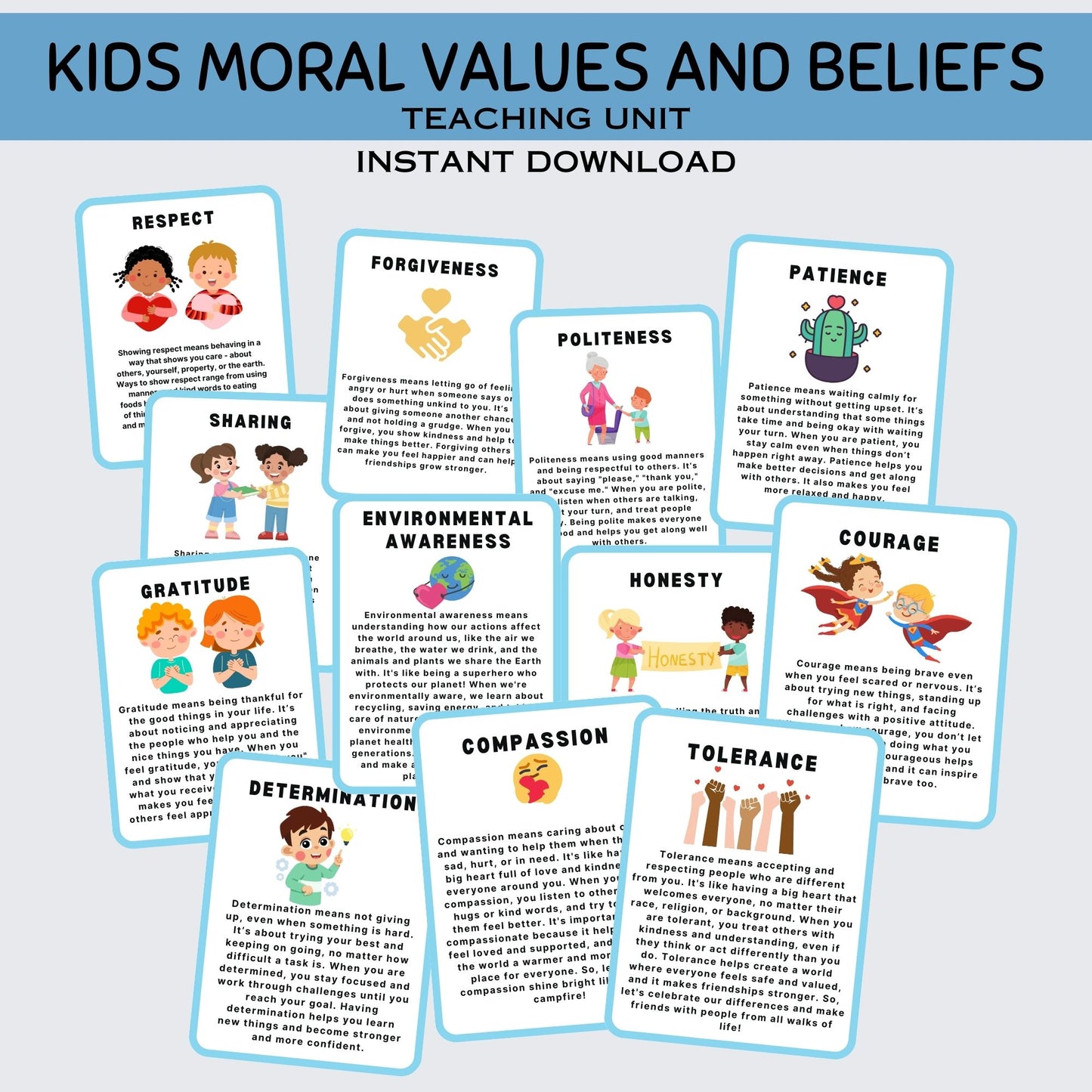 23 Kids Morals and Beliefs Flashcards – Teach Values Like Respect, Kindness, Gratitude, and More!