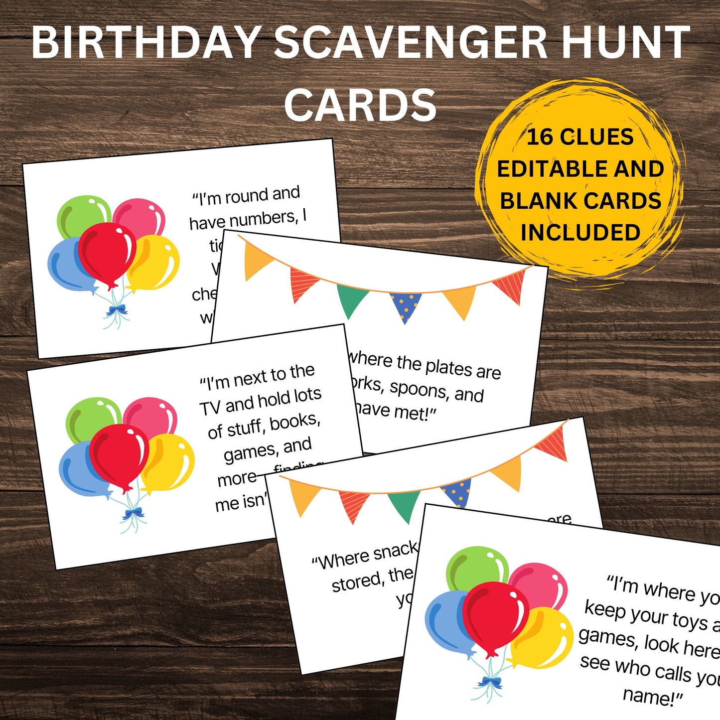 Printable Birthday Scavenger Hunt Clue Cards – Customizable Riddle Set Template Bday Party Boy Girl Treasure Hunt Game For Kids Teens Birthday Clue Cards