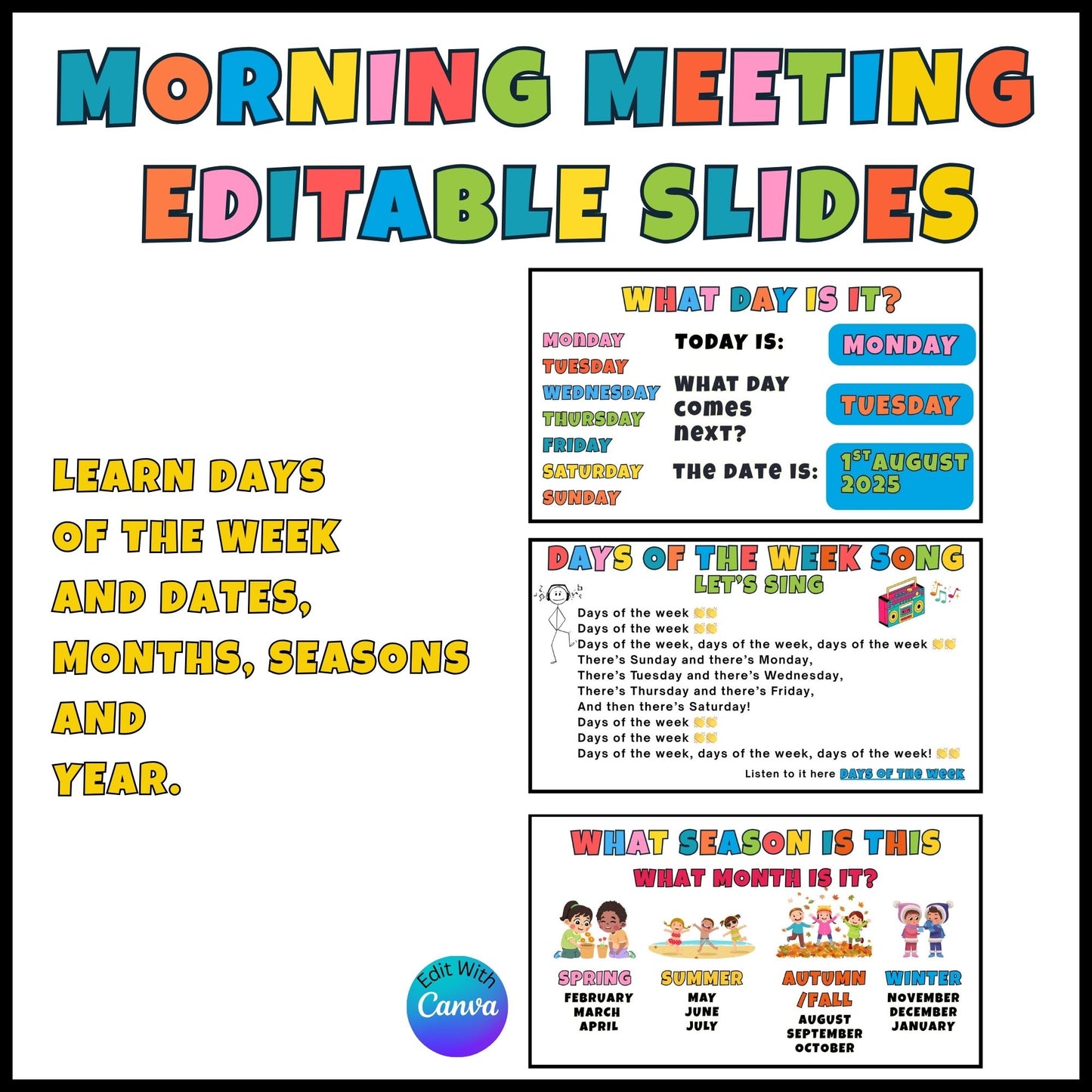 Morning Meeting Slides for Teachers – Editable Canva Template for Preschool and Elementary Classrooms