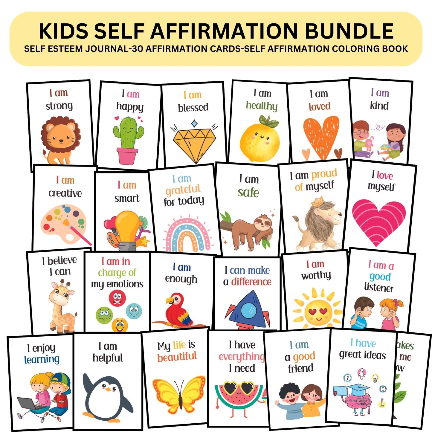 Self worth journal and cards bundle self esteem confidence kids self affirmation self identity mental health CBT affirmation coloring kids