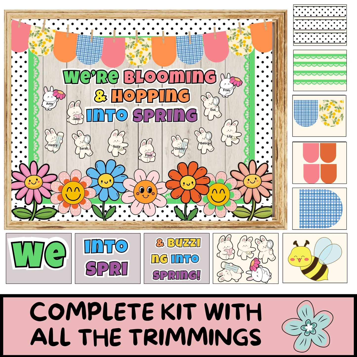 We’re Blooming Into Spring Bulletin Board Kit | Bunny & Bee Classroom Decor | Editable Canva Spring Bulletin Board for Teachers